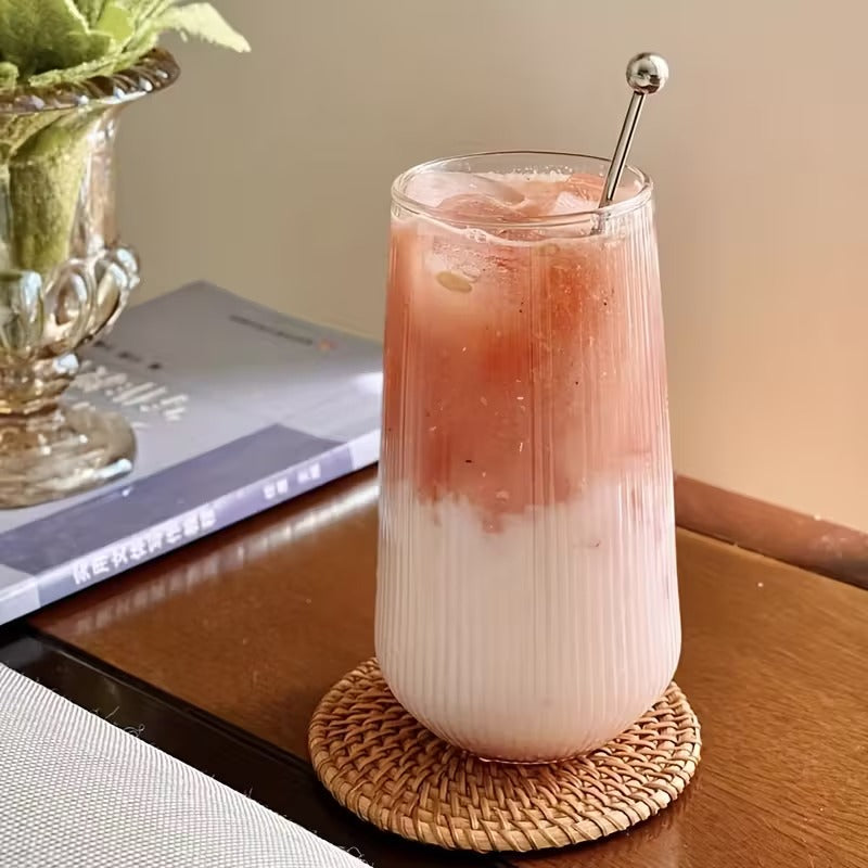 Vertical Stripe Drinking Glass Tumbler – Heat Resistant Mug for Iced Coffee & Drinkware