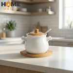 Vintage Ceramic Sugar Pot with Bamboo Lid, Spoon & Base