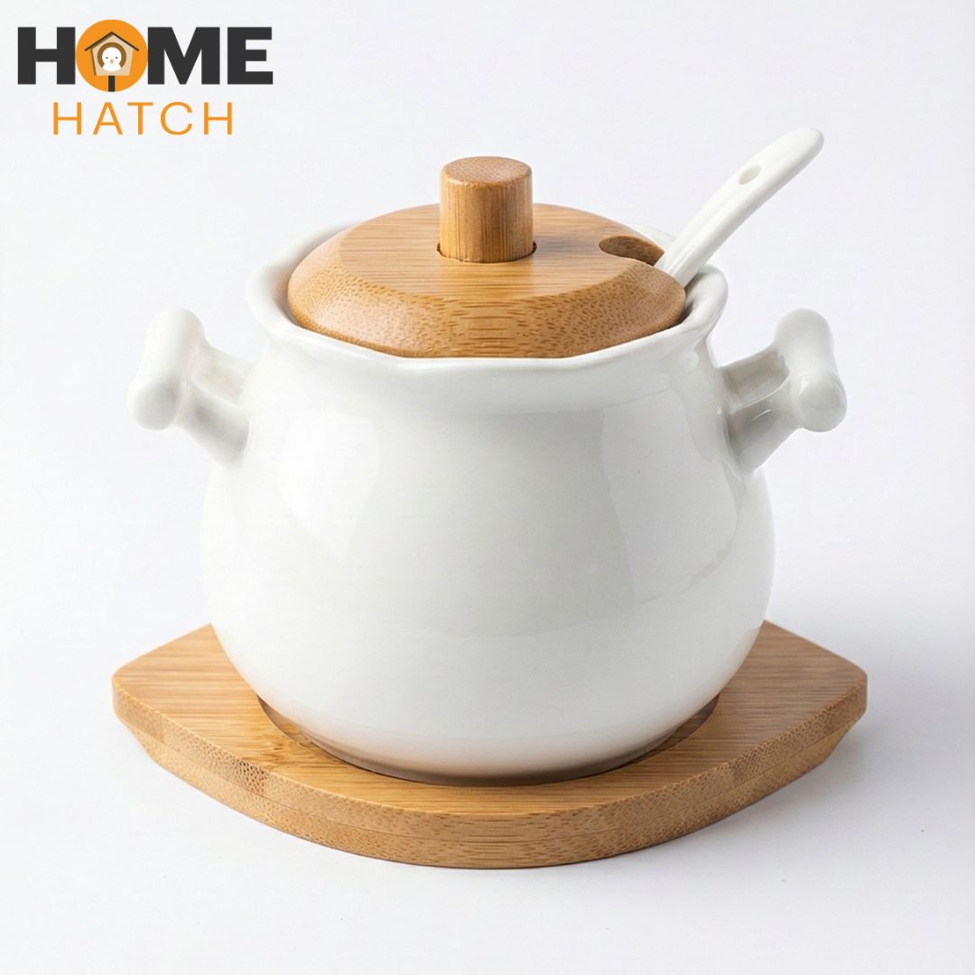 Vintage Ceramic Sugar Bowl with Bamboo Lid, Spoon & Base
