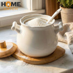 Vintage Ceramic Sugar Pot with Bamboo Lid, Spoon & Base