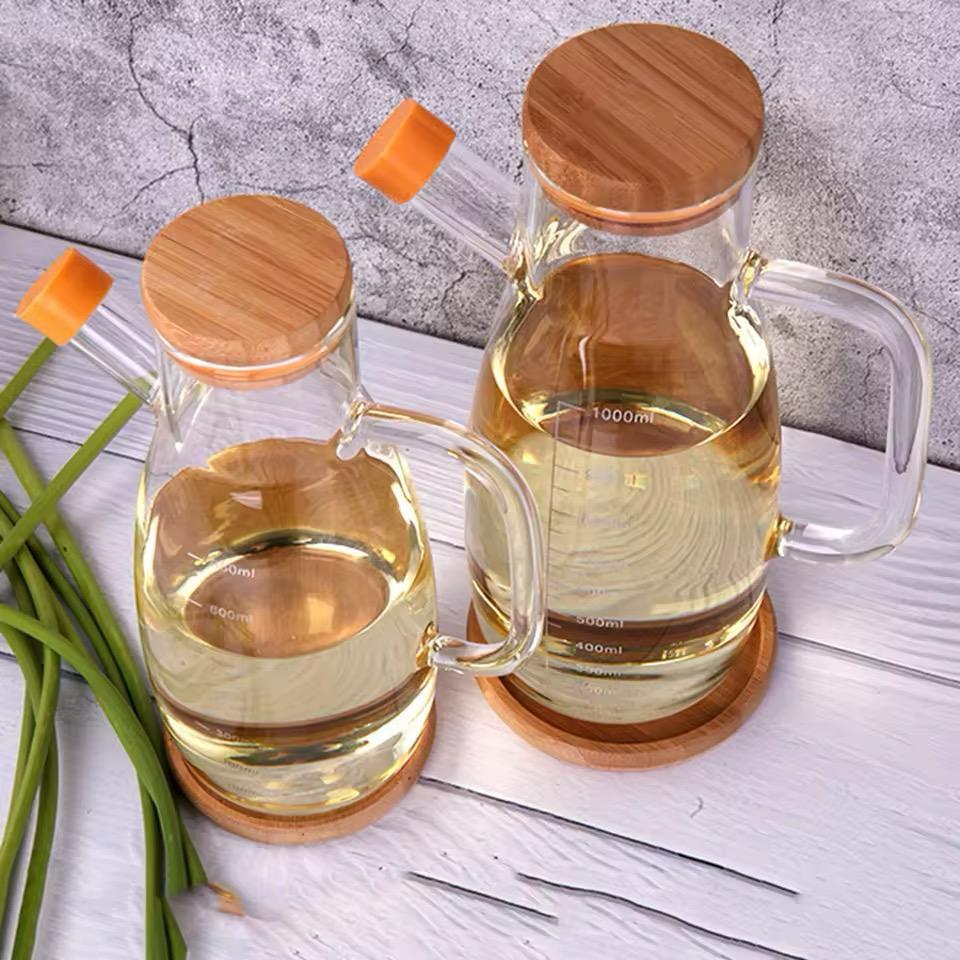 Bamboo Lid Glass Oil Bottle With Handle | High Borosilicate Glass