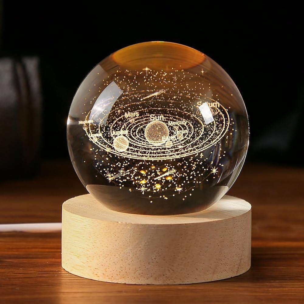 3D Galaxy Crystal Ball Night Light With Wooden Base - Medium