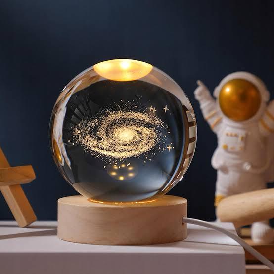 3D Galaxy Crystal Ball Night Light With Wooden Base - Medium