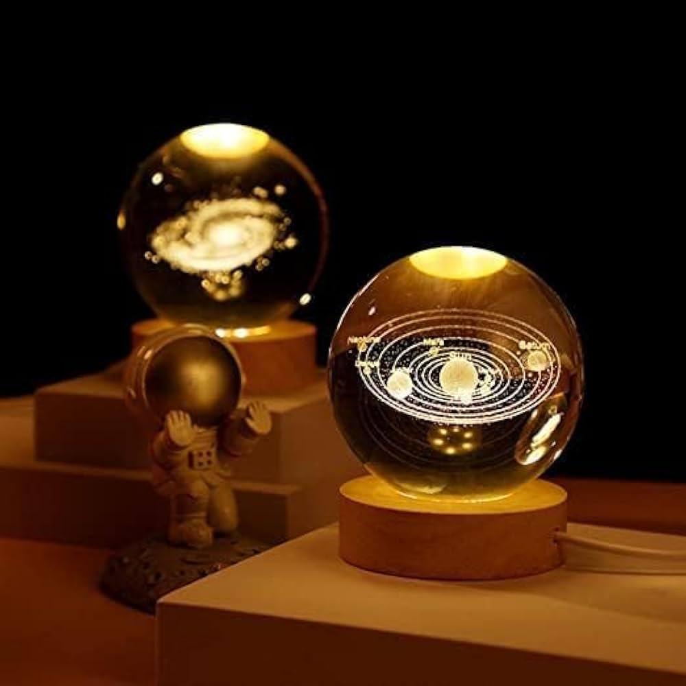 3D Galaxy Crystal Ball Night Light With Wooden Base - Medium