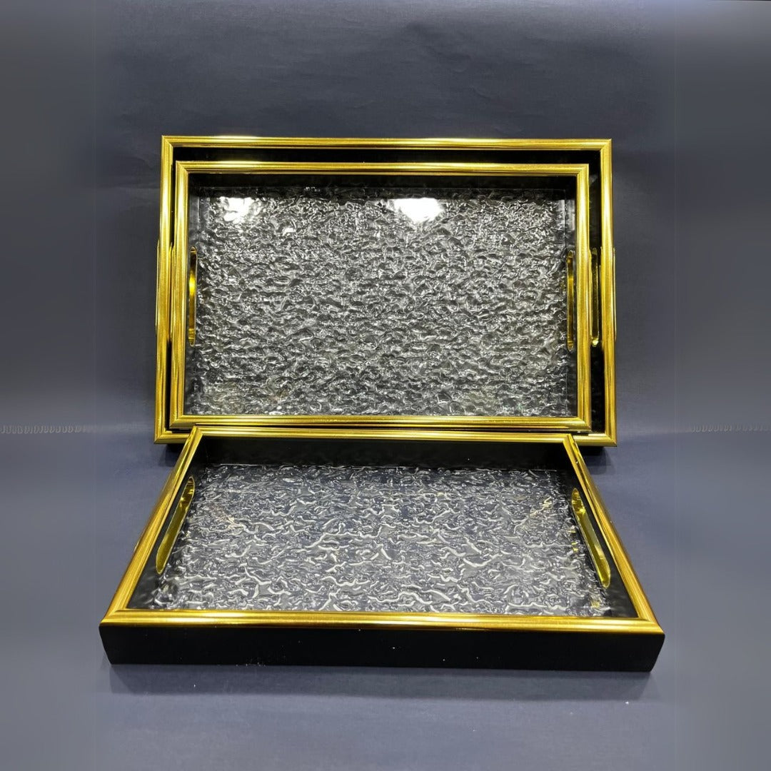 Gold Border Frosted Acrylic Glass Luxury Serving Tray | Set of 3