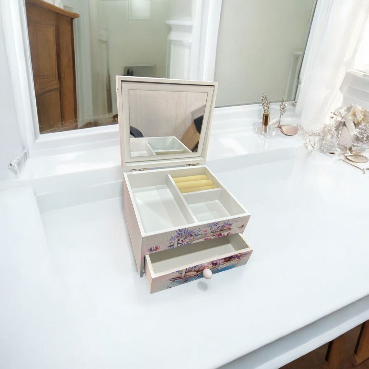 Chic Wooden Jewelry Box with Mirror | Storage Organizer | Trinket Box