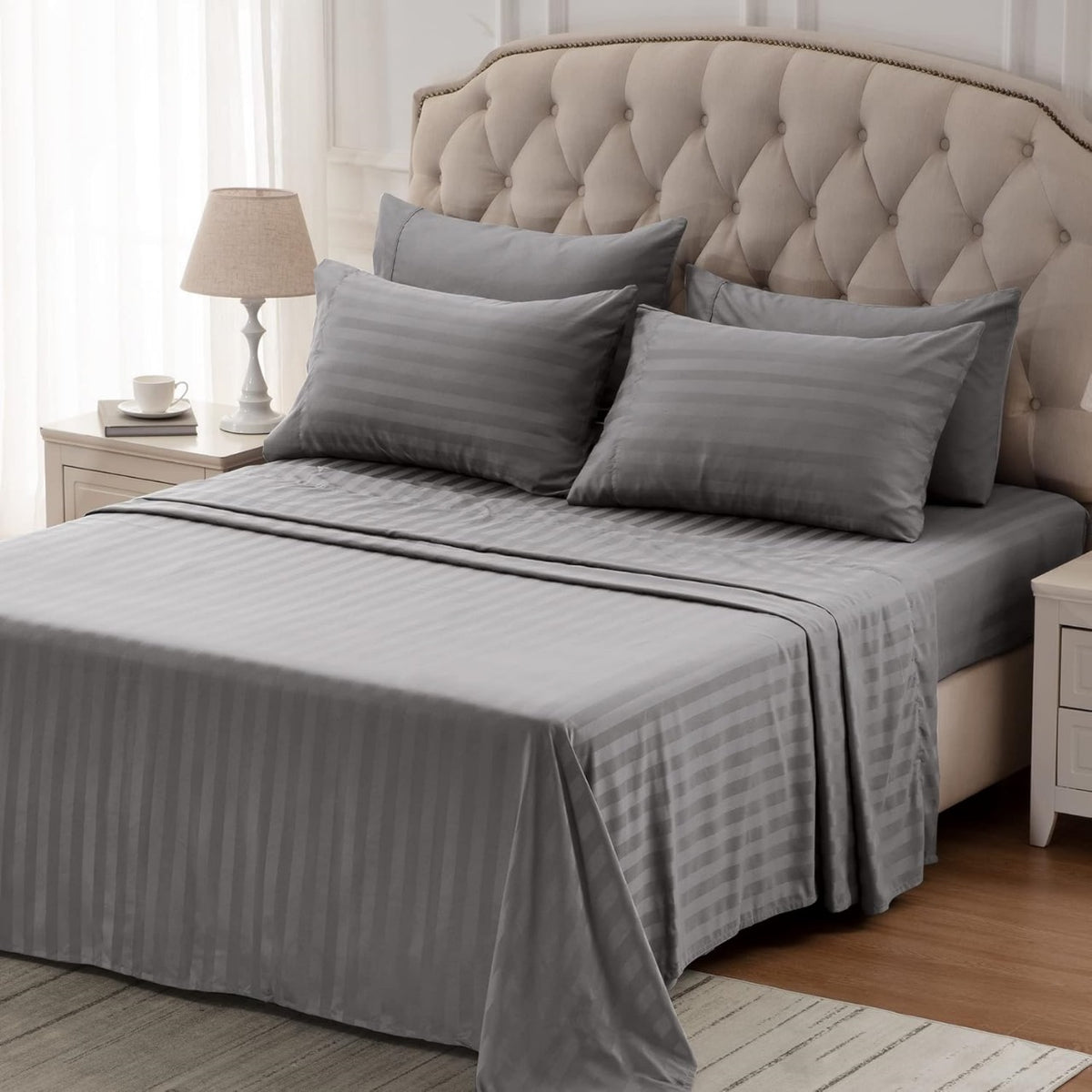 Striped Bedsheet Set - Grey T200 Cotton Satin
