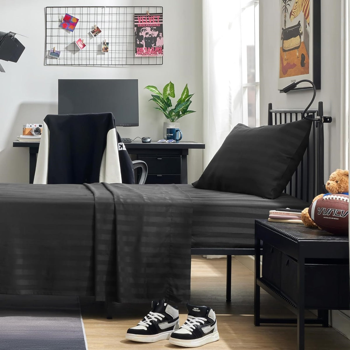 Striped Bedsheet Set - Black T200 Cotton Satin