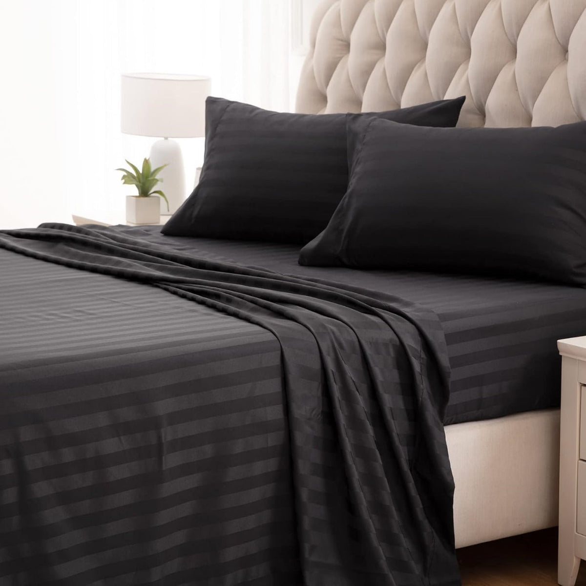 Striped Bedsheet Set - Black T200 Cotton Satin