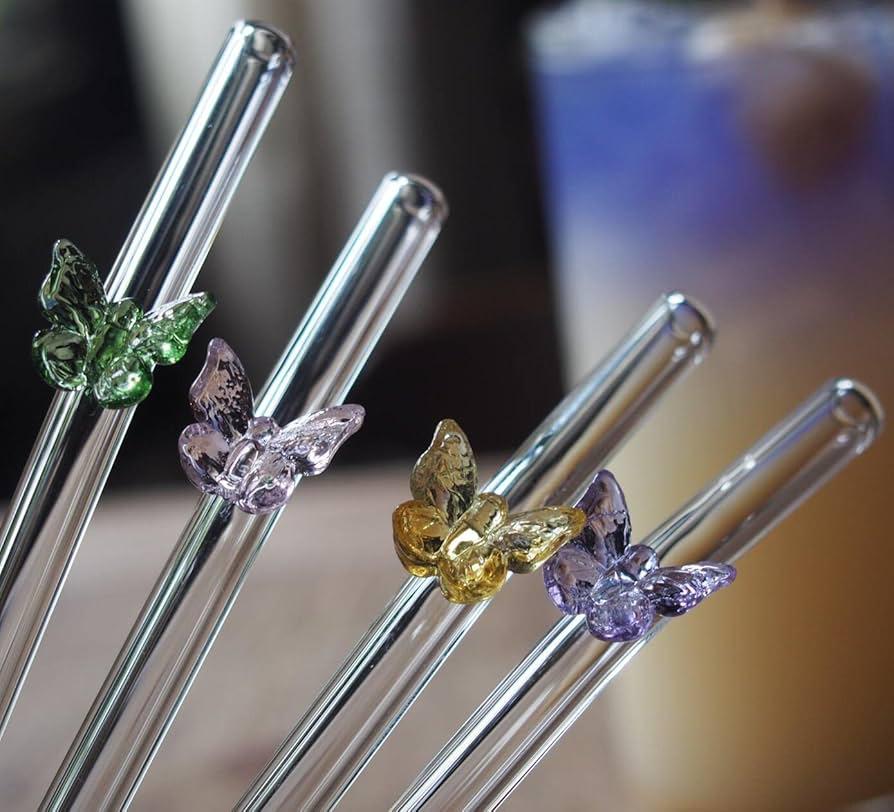 Butterfly Glass Drinking Straws With Cleaning Brush