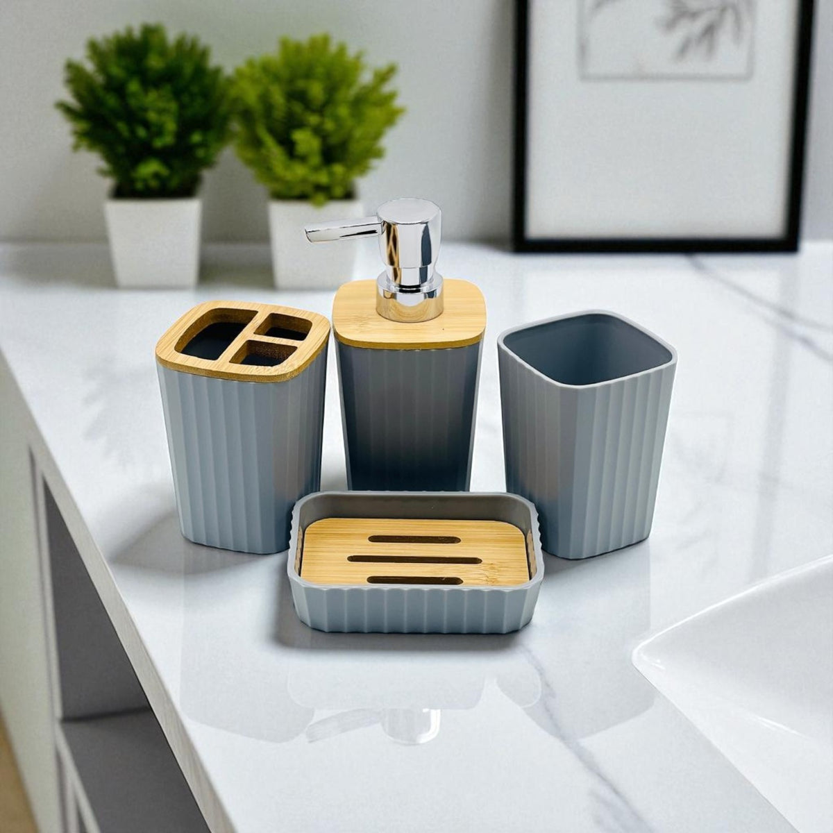 4pcs - Natural Bamboo Lids Bathroom Accessory Set | Bath Set