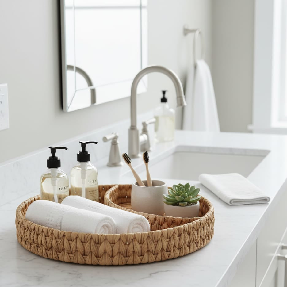 Round handwoven natural fiber basket tray with divider for serving and storage – Home Hatch Pakistan