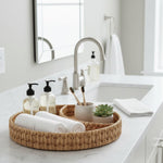 Round handwoven natural fiber basket tray with divider for serving and storage – Home Hatch Pakistan