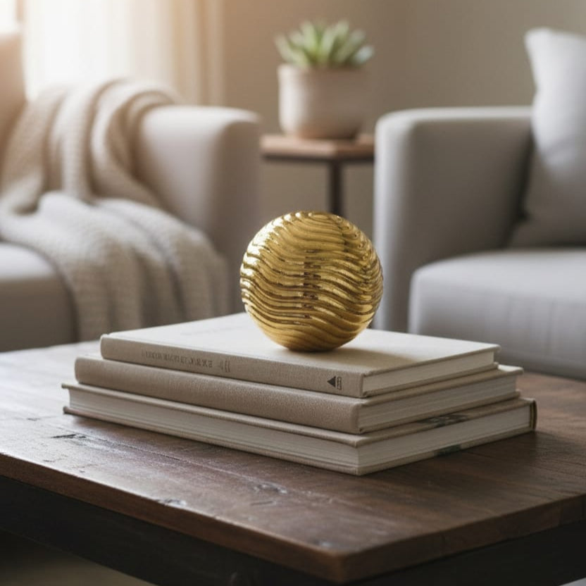 Gold decorative ceramic sphere with textured design – modern home décor centerpiece by Home Hatch Pakistan