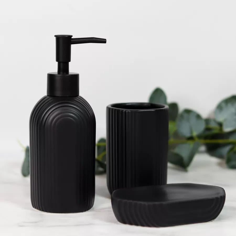 Modern ceramic bathroom accessories set – soap dispenser, tumbler, and soap dish in grey, black, and white by Home Hatch Pakistan