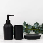 Modern ceramic bathroom accessories set – soap dispenser, tumbler, and soap dish in grey, black, and white by Home Hatch Pakistan
