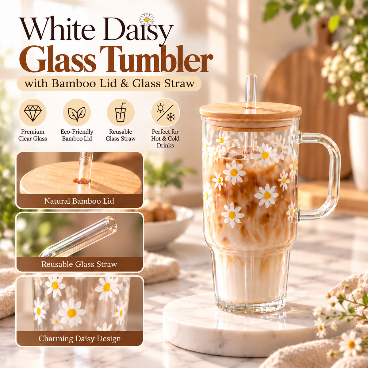 Clear White Daisy glass tumbler with natural bamboo lid and reusable glass straw for iced coffee and cold drinkswhite daisy glass tumbler, daisy glass tumbler, glass tumbler with bamboo lid, glass tumbler with straw, glass cup with bamboo lid, aesthetic glass tumbler, floral glass tumbler, white daisy cup, reusable glass cup, iced coffee glass cup, iced coffee tumbler, glass cup with straw, cute drinkware, aesthetic drinkware, bamboo lid glass cup, cold coffee cup, matcha glass cup, glass tumbler Pakistan,