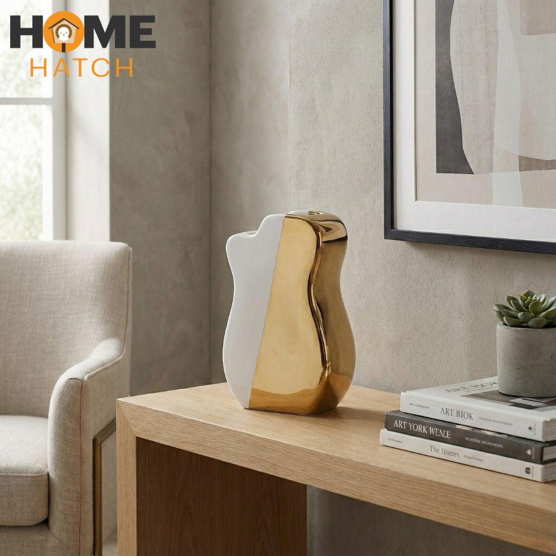 White & Gold Abstract Ceramic Vase – Modern Sculptural Decorative Vase