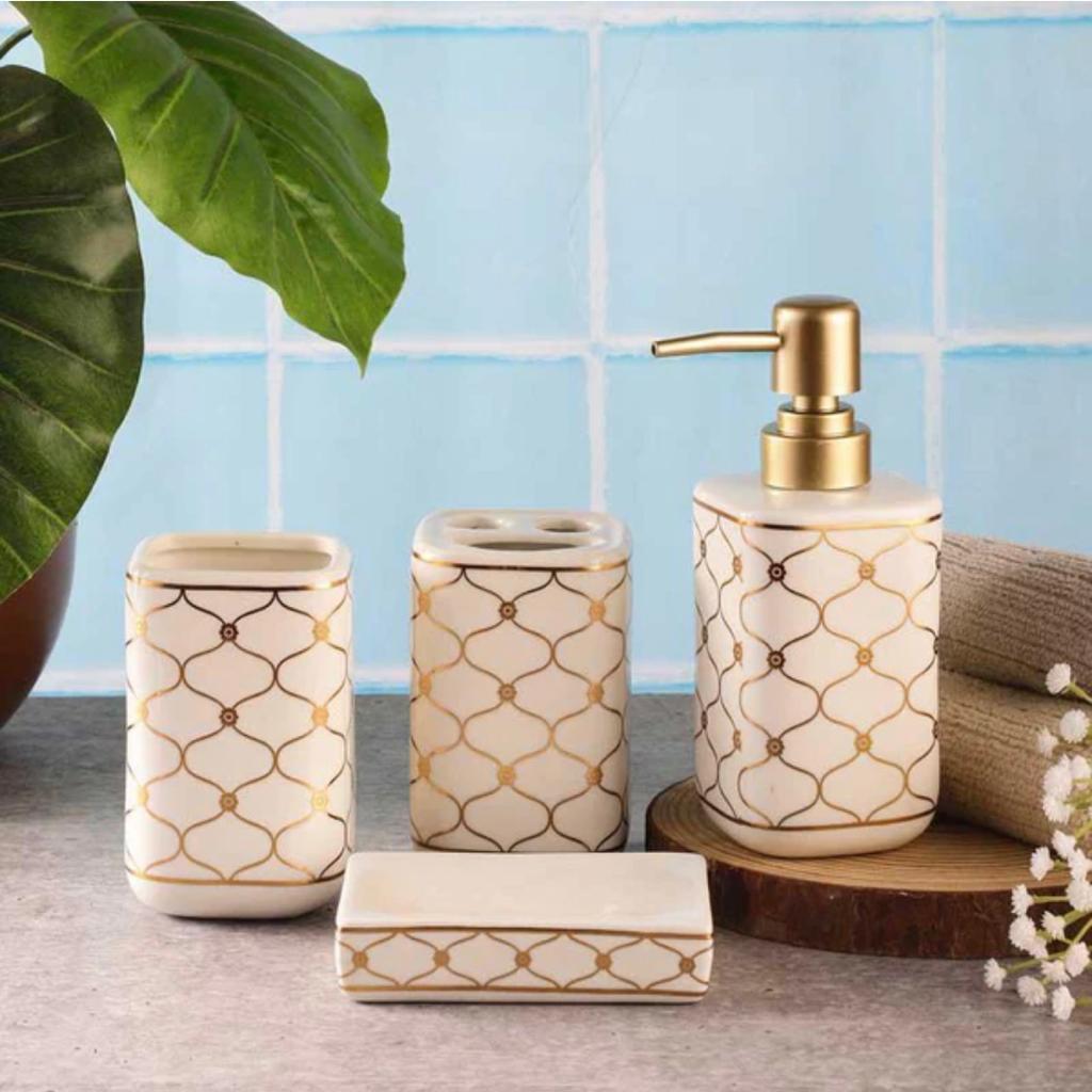 White Gold Ceramic Mesh Designed Bath Set - 4pcs