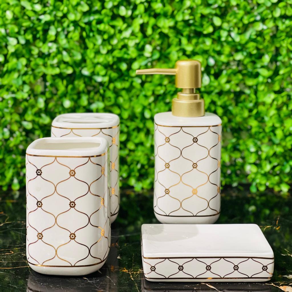 White Gold Ceramic Mesh Designed Bath Set - 4pcs