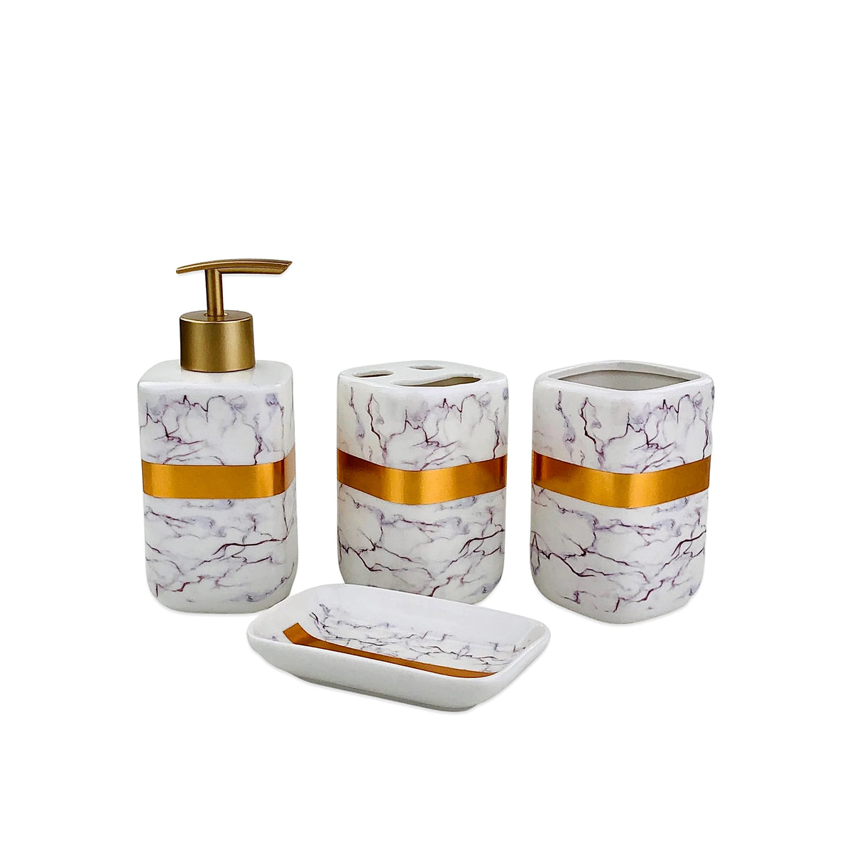 White Marble Pattern Golden Strap Bath Set - 4pcs - Home Hatch