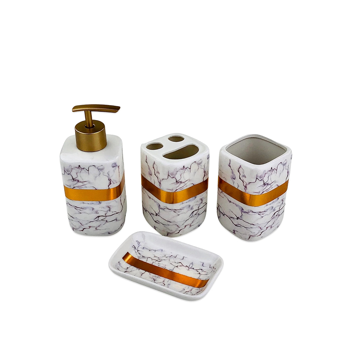 White Marble Pattern Golden Strap Bath Set - 4pcs - Home Hatch