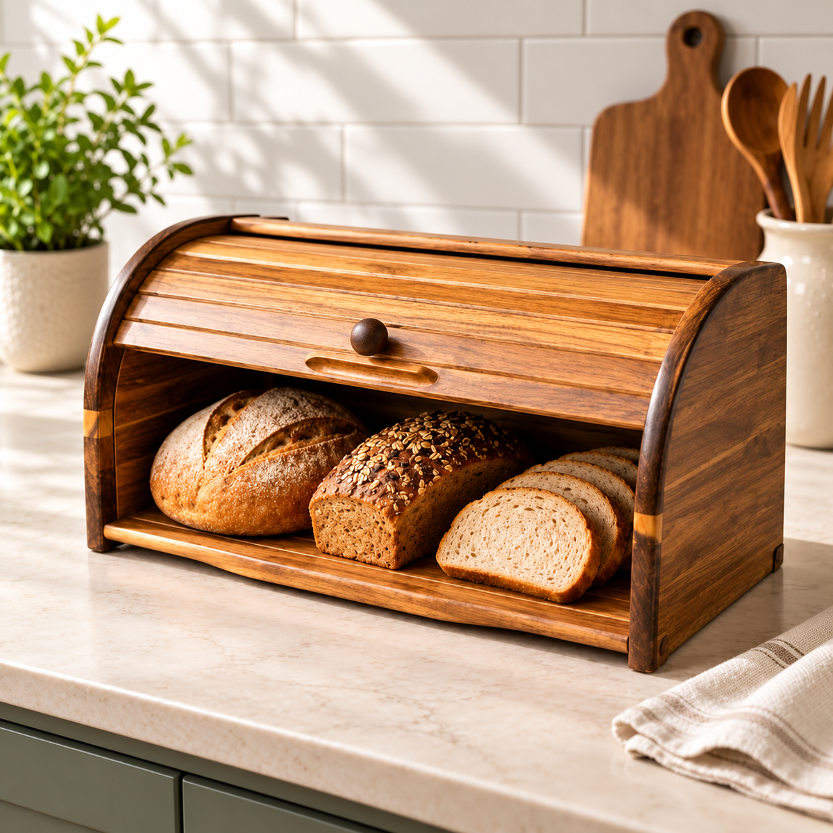wooden bread box, roll top bread box, wooden bread storage box, bread box with sliding lid, wooden bread bin, kitchen countertop bread box, bread storage container, bread storage bin, wooden bread container, roll top bread bin, bread keeper box, kitchen bread organizer, countertop bread storage, rustic wooden bread box, farmhouse kitchen accessories, kitchen storage organizer, wooden kitchen accessories, bread box Pakistan, wooden bread box Pakistan, bread storage box Pakistan, roll top bread box Pakistan,
