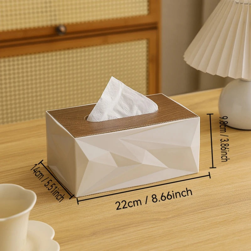 Geometric Textured Tissue Box with Wooden Lid – Luxury Decorative Tissue Holder