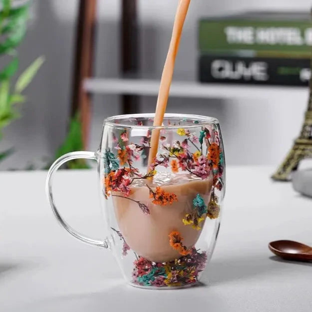 Aesthetic Flowers andFeather InsideDouble Walled Filled Glass Mugs