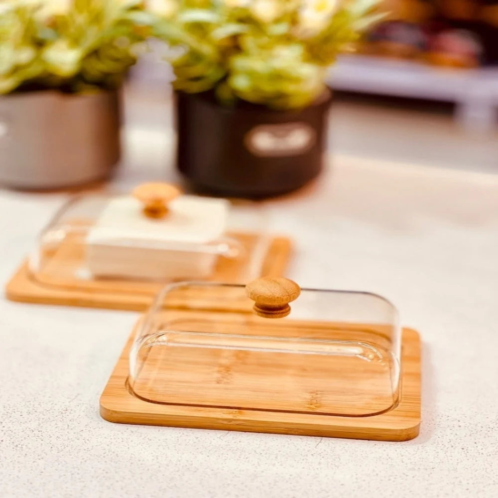 Bamboo Wood Butter Dish With Transparent Acrylic Lid
