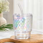 aurora crystal glass tumbler with lid and glass straw premium iridescent drink cup