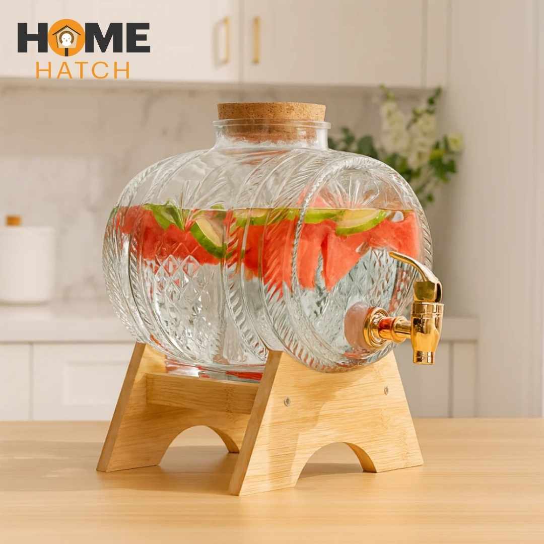 Glass Barrel Water & Juice Dispenser with Wooden Stand & Tap – 3 L & 5 L