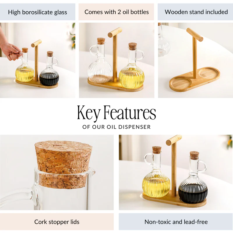 borosilicate glass oil vinegar bottle with stand set of 3 300ml premium kitchen dispenser set – Pakistan