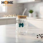 Lined Bow Transparent Drinking Glass Tumbler with Bamboo Lid & Glass Straw – 450ml