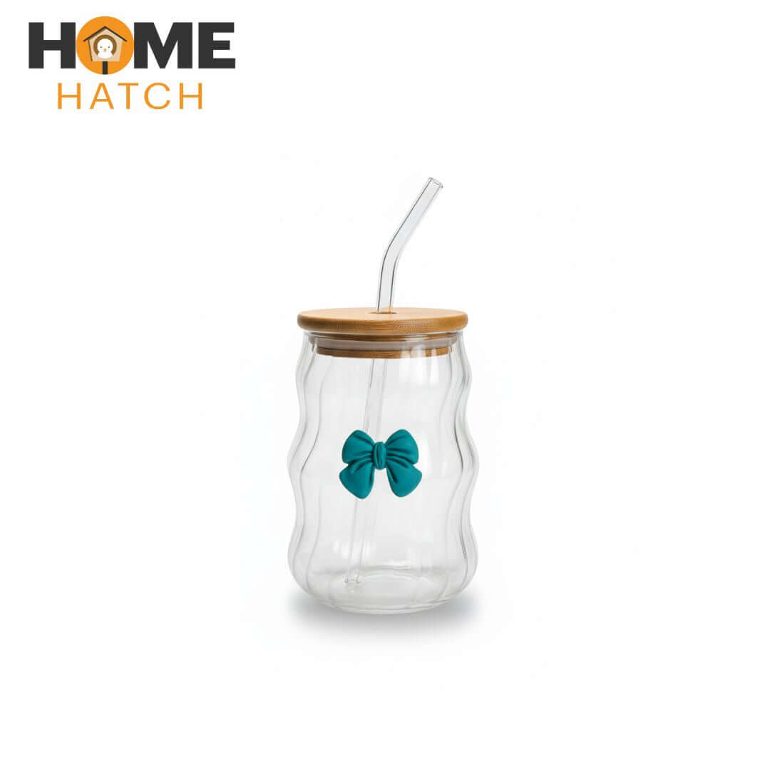 Lined Bow Transparent Drinking Glass Tumbler with Bamboo Lid & Glass Straw – 450ml