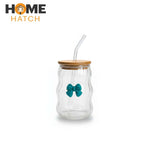 Lined Bow Transparent Drinking Glass Tumbler with Bamboo Lid & Glass Straw – 450ml