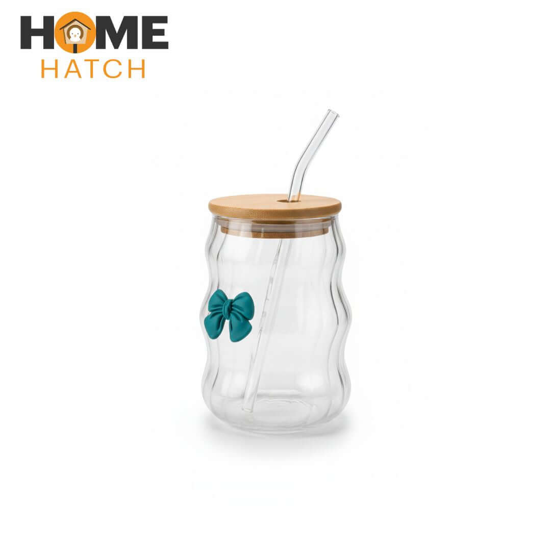 Lined Bow Transparent Drinking Glass Tumbler with Bamboo Lid & Glass Straw – 450ml