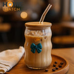 Lined Bow Transparent Drinking Glass Tumbler Pakistan – 450ml Glass Cup with Bamboo Lid & Reusable Glass Straw for Iced Coffee, Smoothies & Juices