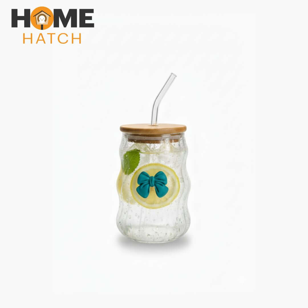Lined Bow Transparent Drinking Glass Tumbler with Bamboo Lid & Glass Straw – 450ml