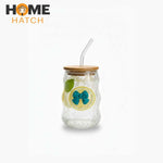 Lined Bow Transparent Drinking Glass Tumbler with Bamboo Lid & Glass Straw – 450ml