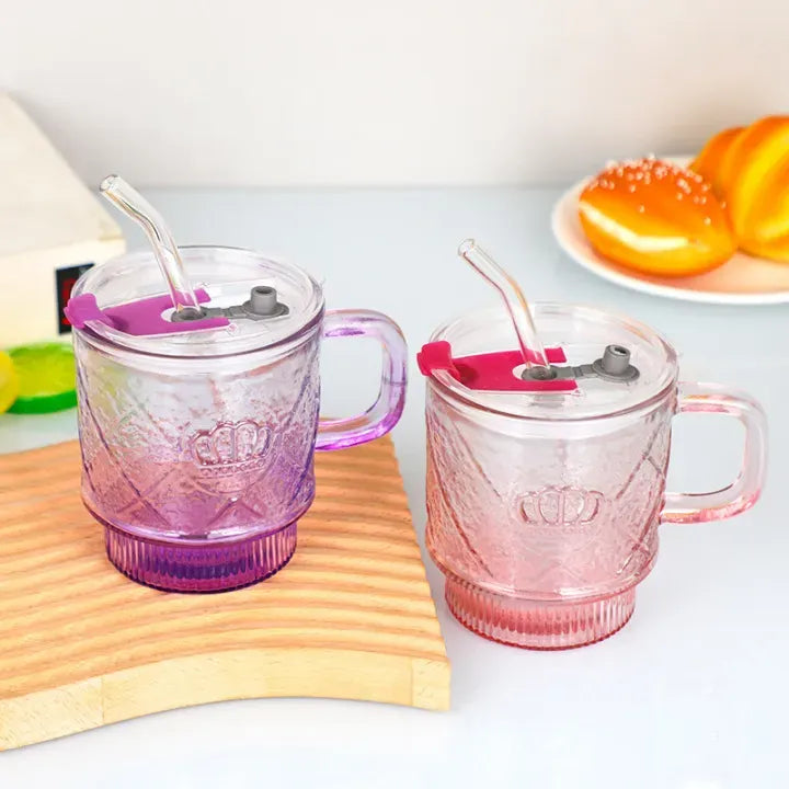 crown glass mug with lid and glass straw premium crystal drink cup