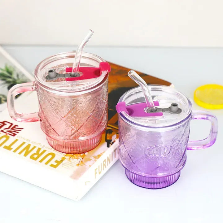 crown glass mug with lid and glass straw premium crystal drink cup