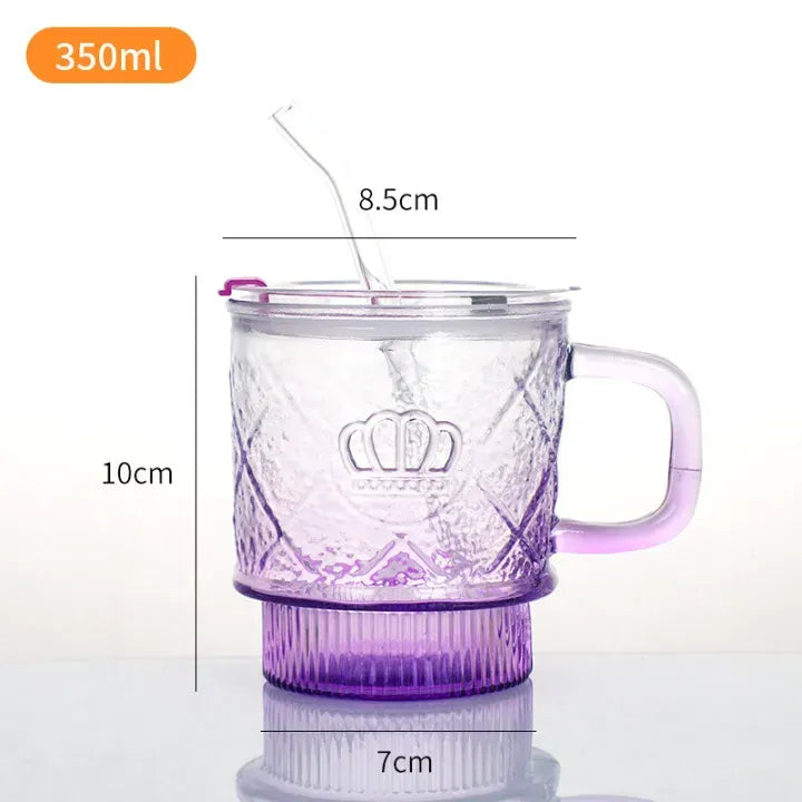 crown glass mug with lid and glass straw premium crystal drink cup