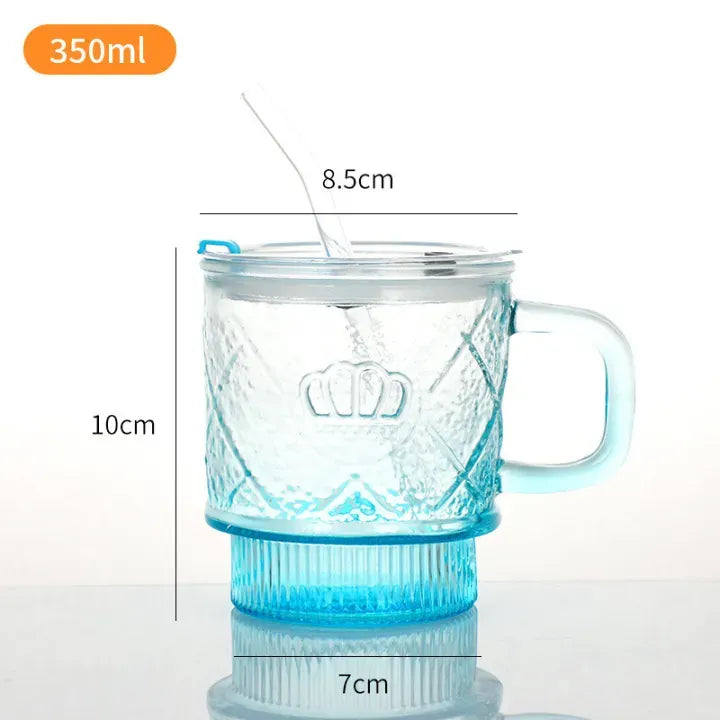 crown glass mug with lid and glass straw premium crystal drink cup