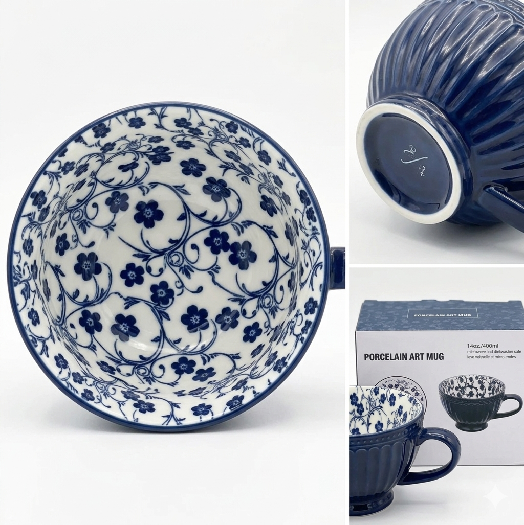 danny home porcelain breakfast mug 400ml blue floral elegant tea coffee cup – Pakistan