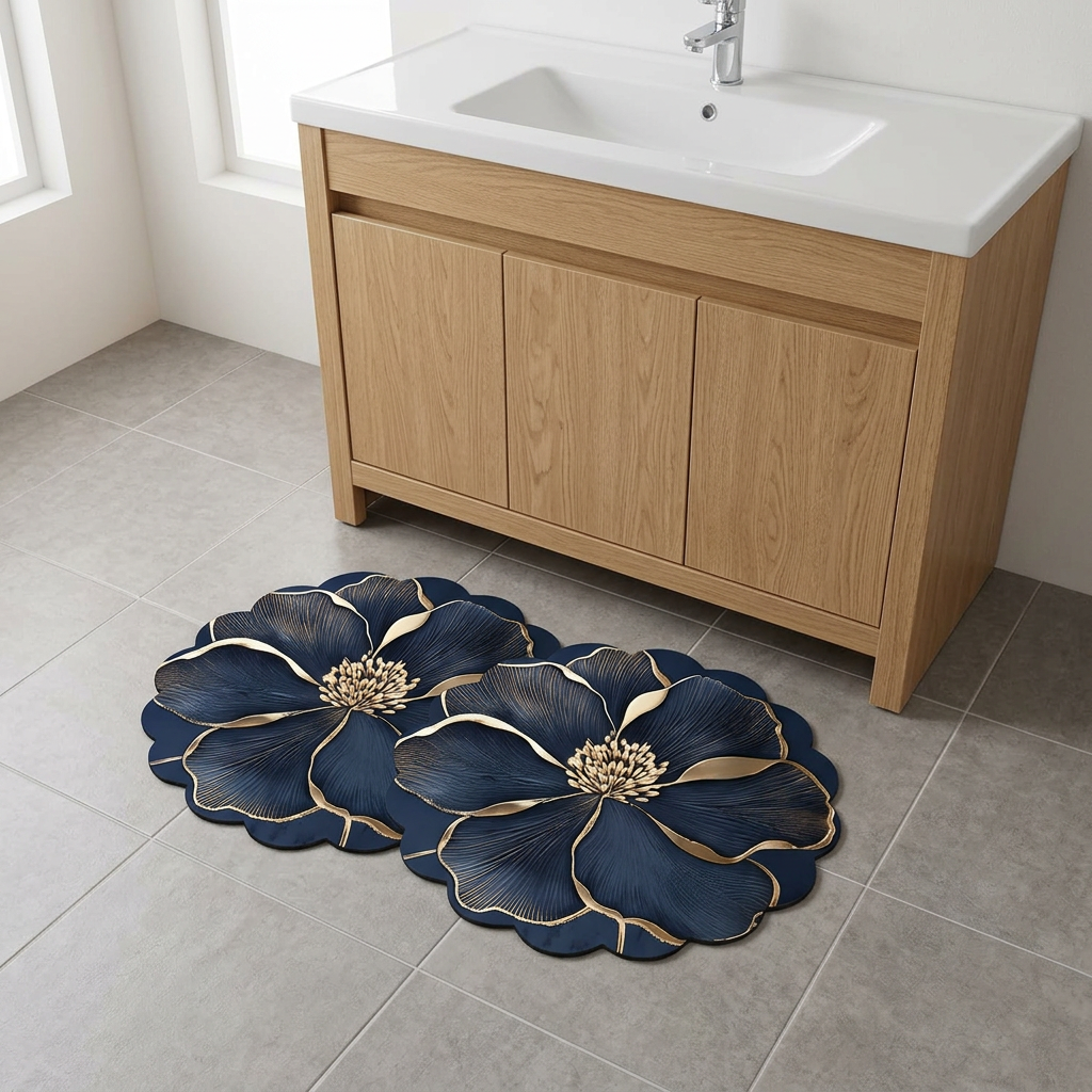 Dark navy blue floral mat in a bathroom