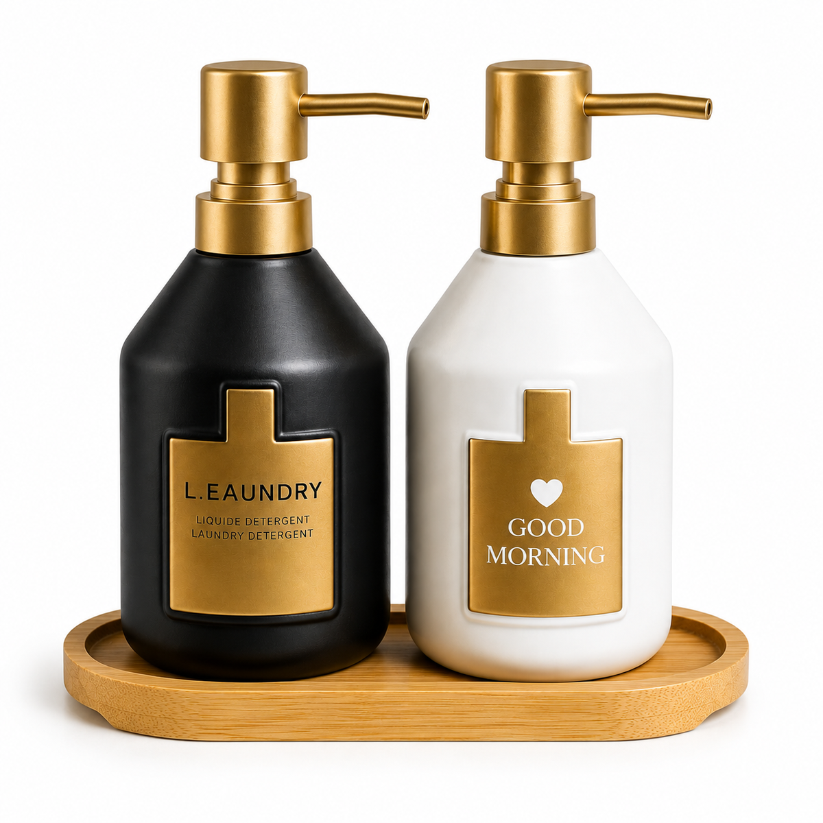 dual soap dispenser set with bamboo base black and white edition modern kitchen and bathroom organizer