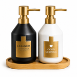 dual soap dispenser set with bamboo base black and white edition modern kitchen and bathroom organizer