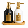 Dual Soap Dispenser Set with Bamboo Base – Black & White Edition | Modern Kitchen & Bathroom Organizer