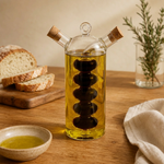 Glass cruet styled with oil vinegar and rustic bread